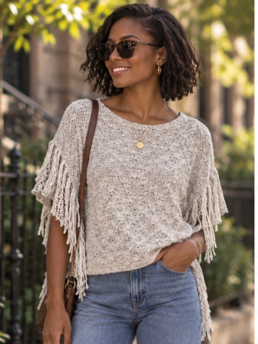 Bethany Mota gray/white knit fringed crocheted poncho sweater size M/L